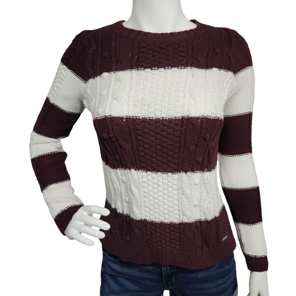 Hollister Burgundy & White Striped Cable Knit Crewneck Sweater